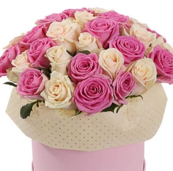 Букет из 35 розовых и кремовых роз в коробке